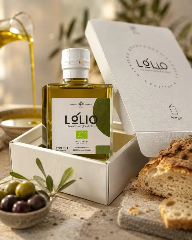 LÓLIO olivolja i fyrkantig flaska bredvid sin vita presentask